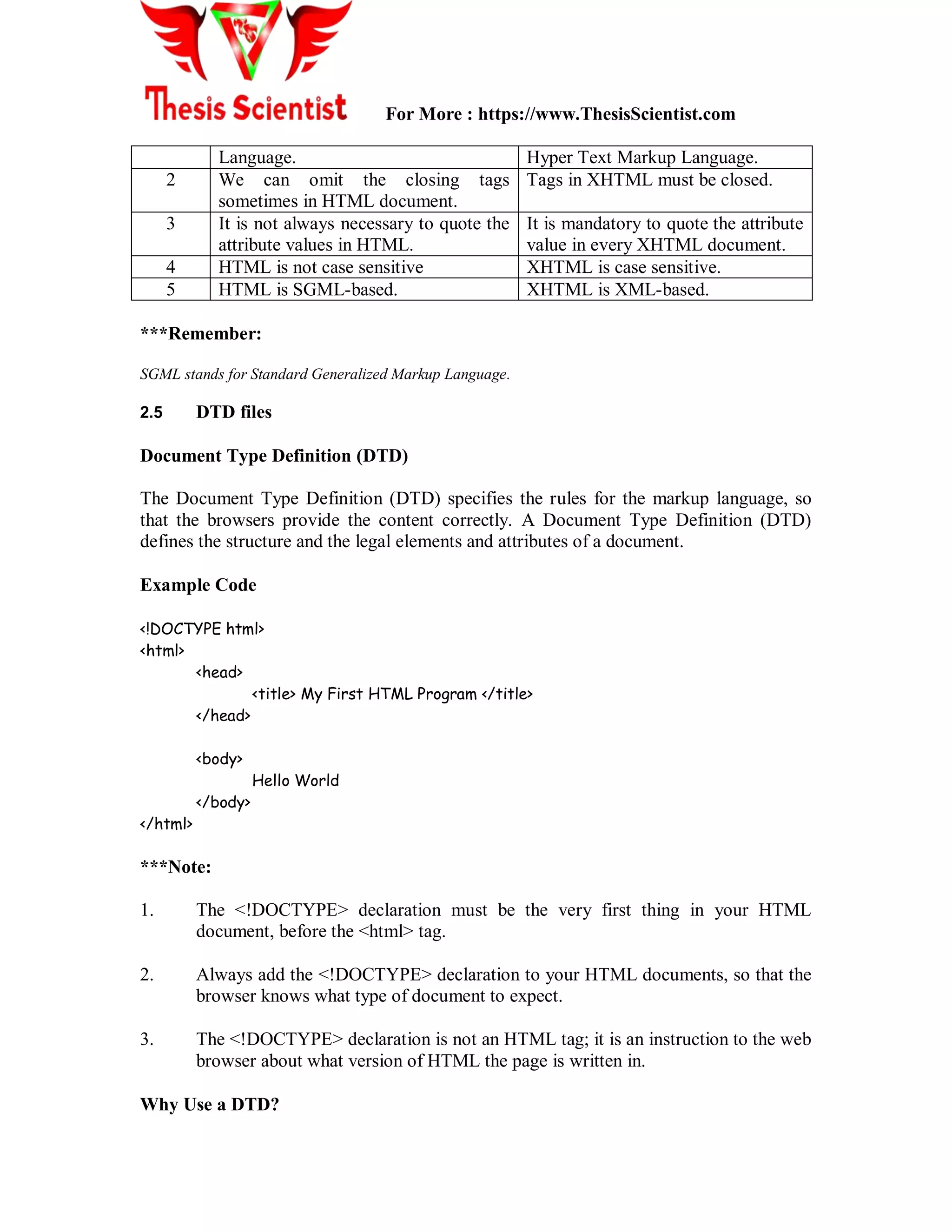 For More : https://www.ThesisScientist.com
Language. Hyper Text Markup Language.
2 We can omit the closing tags
sometimes in HTML document.
Tags in XHTML must be closed.
3 It is not always necessary to quote the
attribute values in HTML.
It is mandatory to quote the attribute
value in every XHTML document.
4 HTML is not case sensitive XHTML is case sensitive.
5 HTML is SGML-based. XHTML is XML-based.
***Remember:
SGML stands for Standard Generalized Markup Language.
2.5 DTD files
Document Type Definition (DTD)
The Document Type Definition (DTD) specifies the rules for the markup language, so
that the browsers provide the content correctly. A Document Type Definition (DTD)
defines the structure and the legal elements and attributes of a document.
Example Code
<!DOCTYPE html>
<html>
<head>
<title> My First HTML Program </title>
</head>
<body>
Hello World
</body>
</html>
***Note:
1. The <!DOCTYPE> declaration must be the very first thing in your HTML
document, before the <html> tag.
2. Always add the <!DOCTYPE> declaration to your HTML documents, so that the
browser knows what type of document to expect.
3. The <!DOCTYPE> declaration is not an HTML tag; it is an instruction to the web
browser about what version of HTML the page is written in.
Why Use a DTD?
 