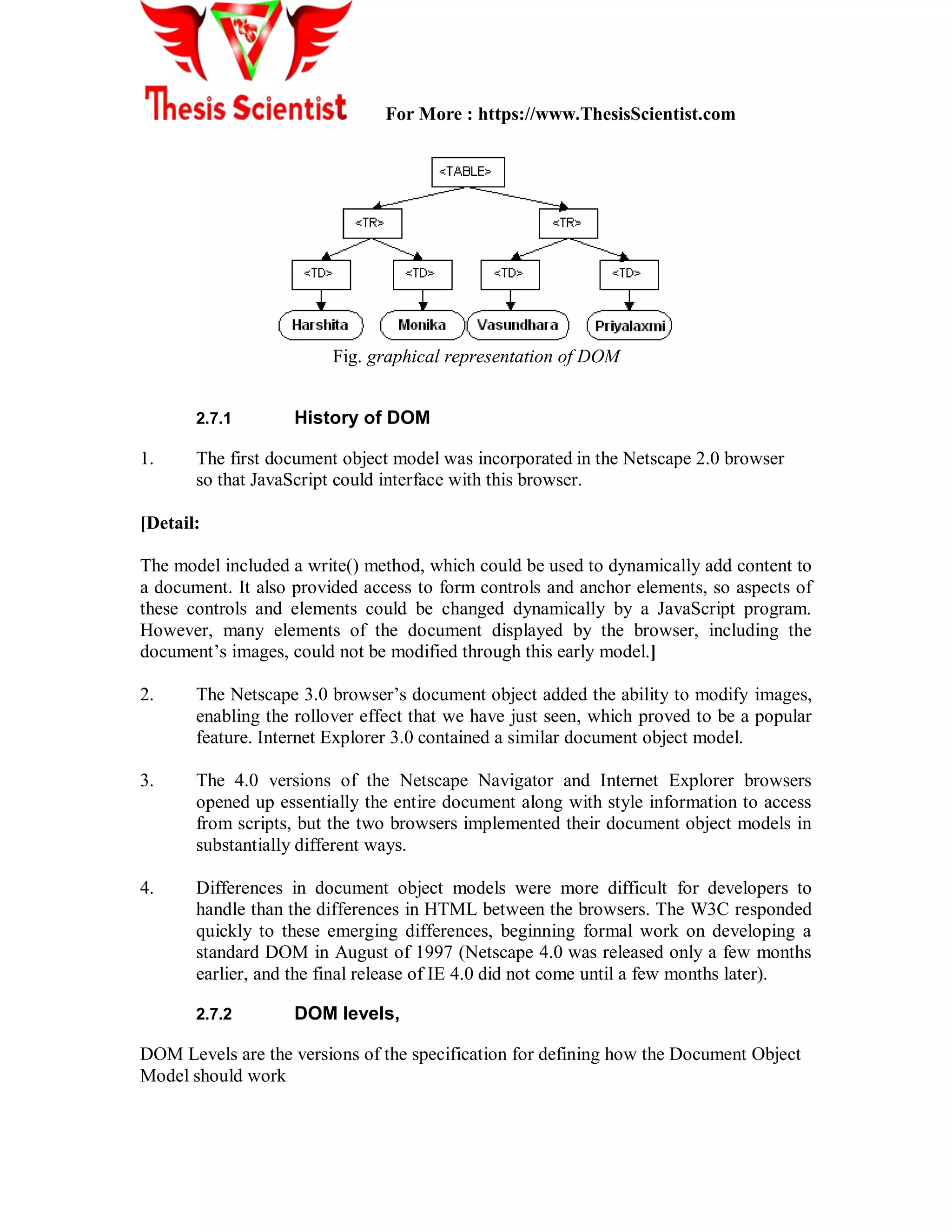 For More : https://www.ThesisScientist.com
Fig. graphical representation of DOM
2.7.1 History of DOM
1. The first document object model was incorporated in the Netscape 2.0 browser
so that JavaScript could interface with this browser.
[Detail:
The model included a write() method, which could be used to dynamically add content to
a document. It also provided access to form controls and anchor elements, so aspects of
these controls and elements could be changed dynamically by a JavaScript program.
However, many elements of the document displayed by the browser, including the
document’s images, could not be modified through this early model.]
2. The Netscape 3.0 browser’s document object added the ability to modify images,
enabling the rollover effect that we have just seen, which proved to be a popular
feature. Internet Explorer 3.0 contained a similar document object model.
3. The 4.0 versions of the Netscape Navigator and Internet Explorer browsers
opened up essentially the entire document along with style information to access
from scripts, but the two browsers implemented their document object models in
substantially different ways.
4. Differences in document object models were more difficult for developers to
handle than the differences in HTML between the browsers. The W3C responded
quickly to these emerging differences, beginning formal work on developing a
standard DOM in August of 1997 (Netscape 4.0 was released only a few months
earlier, and the final release of IE 4.0 did not come until a few months later).
2.7.2 DOM levels,
DOM Levels are the versions of the specification for defining how the Document Object
Model should work
 