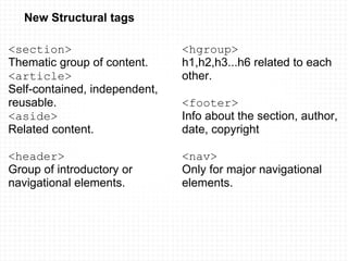 New Structural tags <section>   Thematic group of content.  <article>   Self-contained, independent, reusable.  <aside> Related content. <header> Group of introductory or navigational elements. <hgroup>   h1,h2,h3...h6 related to each other. <footer>   Info about the section, author, date, copyright  <nav>   Only for major navigational elements. 