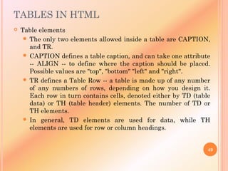 TABLES IN HTML
 Table elements
 The only two elements allowed inside a table are CAPTION,
and TR.
 CAPTION defines a table caption, and can take one attribute
-- ALIGN -- to define where the caption should be placed.
Possible values are "top", "bottom" "left" and "right".
 TR defines a Table Row -- a table is made up of any number
of any numbers of rows, depending on how you design it.
Each row in turn contains cells, denoted either by TD (table
data) or TH (table header) elements. The number of TD or
TH elements.
 In general, TD elements are used for data, while TH
elements are used for row or column headings.
49
 
