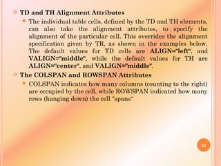  TD and TH Alignment Attributes
 The individual table cells, defined by the TD and TH elements,
can also take the alignment attributes, to specify the
alignment of the particular cell. This overrides the alignment
specification given by TR, as shown in the examples below.
The default values for TD cells are ALIGN="left", and
VALIGN="middle", while the default values for TH are
ALIGN="center", and VALIGN="middle".
 The COLSPAN and ROWSPAN Attributes
 COLSPAN indicates how many columns (counting to the right)
are occupied by the cell, while ROWSPAN indicated how many
rows (hanging down) the cell "spans“
51
 