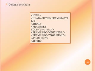  Column attribute
56
<HTML>
<HEAD><TITLE>FRAMES</TIT
LE>
</HEAD>
<FRAMESET
COLS=”25%,75%,*”>
<FRAME SRC=”ONE.HTML”>
<FRAME SRC=”TWO.HTML”>
</FRAMESET>
</HTML>
 