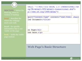 DOCTYPE – before the
  html tag, refers to
  version of markup

  html – describes the
  where the webpage
  starts and ends

  head – for specific
  information that is not
  visible on the page

  body – holds the visible
  page content




                                           Web Page’s Basic Structure



http://w3schools.com/html/html_intro.asp
 