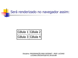 Será renderizado no navegador assim:




    Célula 1 Célula 2
    Célula 3 Célula 4




       Disciplina: PROGRAMAÇÃO PARA INTERNET - PROF. LUCIANO
                   LUCIANO.CRECENTE@ETEC.SP.GOV.BR
 