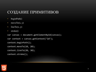 СОЗДАНИЕ ПРИМИТИВОВ
•   beginPath()
•   moveTo(x, y)
•   lineTo(x, y)
•   stroke()
var canvas = document.getElementById(canvas);
var context = canvas.getContext(‘2d’);
context.beginPath();
context.moveTo(10, 20);
context.lineTo(20, 30);
context.stroke();




                                                6
 