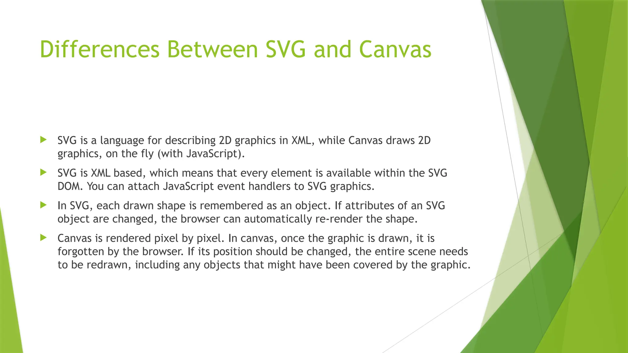 Differences Between SVG and Canvas
 SVG is a language for describing 2D graphics in XML, while Canvas draws 2D
graphics, on the fly (with JavaScript).
 SVG is XML based, which means that every element is available within the SVG
DOM. You can attach JavaScript event handlers to SVG graphics.
 In SVG, each drawn shape is remembered as an object. If attributes of an SVG
object are changed, the browser can automatically re-render the shape.
 Canvas is rendered pixel by pixel. In canvas, once the graphic is drawn, it is
forgotten by the browser. If its position should be changed, the entire scene needs
to be redrawn, including any objects that might have been covered by the graphic.
 