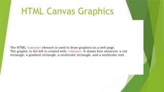 HTML Canvas Graphics
The HTML <canvas> element is used to draw graphics on a web page.
The graphic to the left is created with <canvas>. It shows four elements: a red
rectangle, a gradient rectangle, a multicolor rectangle, and a multicolor text.
 