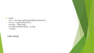  script>
var c = document.getElementById("myCanvas");
var ctx = c.getContext("2d");
ctx.font = "30px Arial";
ctx.fillText("Hello World", 10, 50);
</script>
 