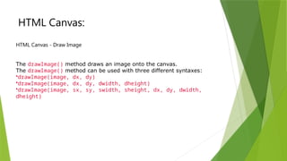 HTML Canvas:
HTML Canvas - Draw Image
The drawImage() method draws an image onto the canvas.
The drawImage() method can be used with three different syntaxes:
•drawImage(image, dx, dy)
•drawImage(image, dx, dy, dwidth, dheight)
•drawImage(image, sx, sy, swidth, sheight, dx, dy, dwidth,
dheight)
 