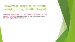 drawImage(image, sx, sy, swidth,
sheight, dx, dy, dwidth, dheight)
The drawImage(image, sx, sy, swidth, sheight, dx, dy,
dwidth, dheight) syntax is used to clip the source image,
before it is placed on the canvas.
 