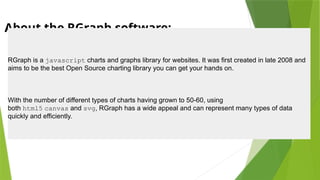 About the RGraph software:
RGraph is a javascript charts and graphs library for websites. It was first created in late 2008 and
aims to be the best Open Source charting library you can get your hands on.
With the number of different types of charts having grown to 50-60, using
both html5 canvas and svg, RGraph has a wide appeal and can represent many types of data
quickly and efficiently.
 