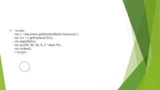  <script>
var c = document.getElementById("myCanvas");
var ctx = c.getContext("2d");
ctx.beginPath();
ctx.arc(95, 50, 40, 0, 2 * Math.PI);
ctx.stroke();
</script>
 