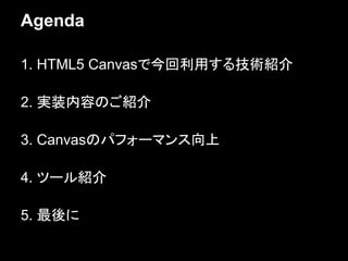 Agenda

1. HTML5 Canvasで今回利用する技術紹介

2. 実装内容のご紹介

3. Canvasのパフォーマンス向上

4. ツール紹介

5. 最後に
 