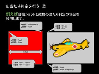 6.当たり判定を行う　②
例えば自機ショットと敵機の当たり判定の場合を
説明します。
          x座標 = PosX+radius
          y座標 = PosY            x座標 = PosX
                                y座標 = PosY




 x座標 = PosX
 y座標 = PosY



              radius




   x座標 = PosX+radius
   y座標 = PosY+radius
                              x座標 = PosX
                              y座標 = PosY + img.height
 