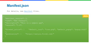 Manifest.json
For details, see Manifest Files.
{

JSON

"manifest_version": 2,
"name": “HUG Chennai",
"description": "This is a sample app",
"version": "1.0",
"browser_action": {
"default_icon": "icon.png", "default_popup": "popup.html"
},
"permissions": [
"https://secure.flickr.com/"
]
}

 
