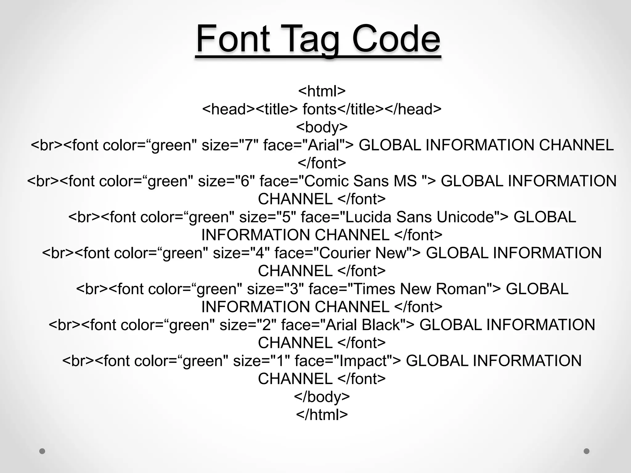 Font Tag Code
<html>
<head><title> fonts</title></head>
<body>
<br><font color=“green" size="7" face="Arial"> GLOBAL INFORMATION CHANNEL
</font>
<br><font color=“green" size="6" face="Comic Sans MS "> GLOBAL INFORMATION
CHANNEL </font>
<br><font color=“green" size="5" face="Lucida Sans Unicode"> GLOBAL
INFORMATION CHANNEL </font>
<br><font color=“green" size="4" face="Courier New"> GLOBAL INFORMATION
CHANNEL </font>
<br><font color=“green" size="3" face="Times New Roman"> GLOBAL
INFORMATION CHANNEL </font>
<br><font color=“green" size="2" face="Arial Black"> GLOBAL INFORMATION
CHANNEL </font>
<br><font color=“green" size="1" face="Impact"> GLOBAL INFORMATION
CHANNEL </font>
</body>
</html>
 