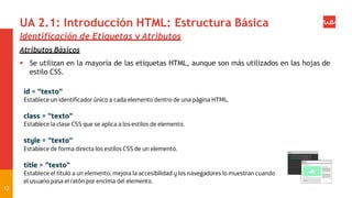 UA 2.1: Introducción HTML: Estructura Básica
Identificación de Etiquetas y Atributos
Atributos Básicos
 Se utilizan en la mayoría de las etiquetas HTML, aunque son más utilizados en las hojas de
estilo CSS.
12
 