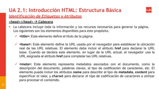 UA 2.1: Introducción HTML: Estructura Básica
23
Identificación de Etiquetas y Atributos
<head></head>  Cabecera
 La cabecera incluye toda la información y los recursos necesarios para generar la página.
Los siguientes son los elementos disponibles para este propósito.
 <title>: Este elemento define el título de la página.
 <base>: Este elemento define la URL usada por el navegador para establecer la ubicación
real de las URL relativas. El elemento debe incluir el atributo href para declarar la URL
base. Cuando se declara este elemento, en lugar de la URL actual, el navegador usa la
URL asignada al atributo href para completar las URL relativas.
 <meta>: Este elemento representa metadatos asociados con el documento, como la
descripción del documento, palabras claves, el tipo de codificación de caracteres, etc. El
elemento puede incluir los atributos name para describir el tipo de metadata, content para
especificar el valor, y charset para declarar el tipo de codificación de caracteres a utilizar
para procesar el contenido.
 