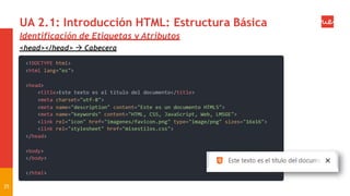 UA 2.1: Introducción HTML: Estructura Básica
Identificación de Etiquetas y Atributos
<head></head>  Cabecera
25
 