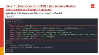 UA 2.1: Introducción HTML: Estructura Básica
27
Identificación de Etiquetas y Atributos
Metadatos  Se sitúan en la Cabecera (<head>…</head>)
Ejemplo:
 