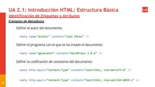 UA 2.1: Introducción HTML: Estructura Básica
Identificación de Etiquetas y Atributos
Ejemplos de Metadatos
28
 