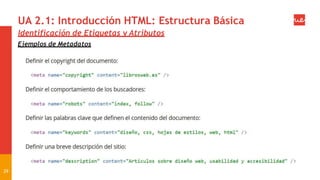 UA 2.1: Introducción HTML: Estructura Básica
Identificación de Etiquetas y Atributos
Ejemplos de Metadatos
29
 