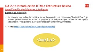 UA 2.1: Introducción HTML: Estructura Básica
Identificación de Etiquetas y Atributos
Ejemplos de Metadatos
 La etiqueta que define la codificación de los caracteres ( hhtp-equiv=“Content-Type”) se
emplea prácticamente en todas las páginas y las etiquetas que definen la descripción
(description) y las palabras clave (keywords) son también muy utilizadas.
 + info: http://html.conclase.net/articulos/metadatos
30
 