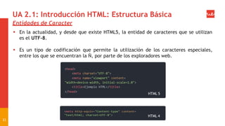 UA 2.1: Introducción HTML: Estructura Básica
Entidades de Caracter
 En la actualidad, y desde que existe HTML5, la entidad de caracteres que se utilizan
es el UTF-8.
 Es un tipo de codificación que permite la utilización de los caracteres especiales,
entre los que se encuentran la Ñ, por parte de los exploradores web.
HTML 5
HTML 4
33
 