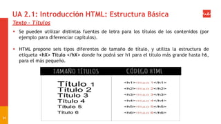 UA 2.1: Introducción HTML: Estructura Básica
Texto - Títulos
 Se pueden utilizar distintas fuentes de letra para los títulos de los contenidos (por
ejemplo para diferenciar capítulos).
 HTML propone seis tipos diferentes de tamaño de título, y utiliza la estructura de
etiqueta <hX> Título </hX> donde hx podrá ser h1 para el título más grande hasta h6,
para el más pequeño.
34
 