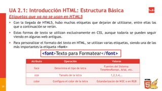 UA 2.1: Introducción HTML: Estructura Básica
Etiquetas que ya no se usan en HTML5
 Con la llegada de HTML5, hubo muchas etiquetas que dejaron de utilizarse, entre ellas las
que a continuación se verán.
 Estas formas de texto se utilizan exclusivamente en CSS, aunque todavía se pueden seguir
viendo en algunas web antiguas.
 Para personalizar el formato del texto en HTML, se utilizan varias etiquetas, siendo una de las
más importantes la etiqueta <font>
Atributo Operación Valores
face Determina el tipo de letra
Fuentes del Sistema:
TimeNewRoman, Arial, etc.
size Tamaño de la letra 1,2,3,4,…
color Configura el color de la letra Estandarizacón de W3C o en RGB
<font>Texto para Formatear</font>
39
 