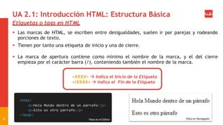 UA 2.1: Introducción HTML: Estructura Básica
8
Etiquetas o tags en HTML
 Las marcas de HTML, se escriben entre desigualdades, suelen ir por parejas y rodeando
porciones de texto.
 Tienen por tanto una etiqueta de inicio y una de cierre.
 La marca de apertura contiene como mínimo el nombre de la marca, y el del cierre
empieza por el carácter barra (/), conteniendo también el nombre de la marca.
<XXXX>  Indica el Inicio de la Etiqueta
</XXXX>  Indica el Fin de la Etiqueta
Vista en el Editor Vista en Navegador
 