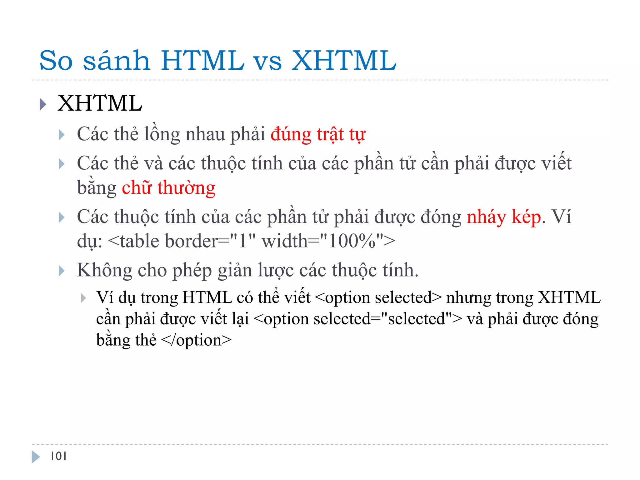 So sánh HTML vs XHTML 
101 
XHTML 
Các thẻ lồng nhau phải đúng trật tự 
Các thẻ và các thuộc tính của các phần tử cần phải được viết bằng chữ thường 
Các thuộc tính của các phần tử phải được đóng nháy kép. Ví dụ: <table border="1" width="100%"> 
Không cho phép giản lược các thuộc tính. 
Ví dụ trong HTML có thể viết <option selected> nhưng trong XHTML cần phải được viết lại <option selected="selected"> và phải được đóng bằng thẻ </option>  