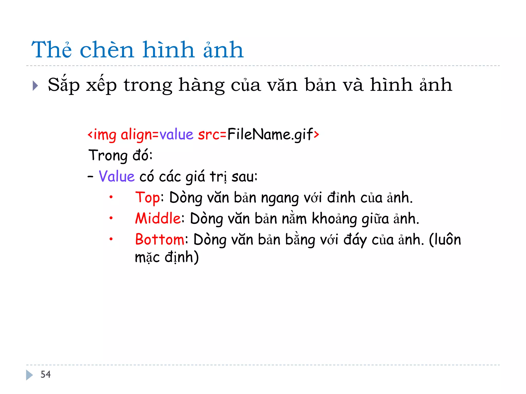 Thẻ chèn hình ảnh 
54 
Sắp xếp trong hàng của văn bản và hình ảnh 
<img align=value src=FileName.gif> Trong đó: 
– Value có các giá trị sau: 
•Top: Dòng văn bản ngang với đỉnh của ảnh. 
•Middle: Dòng văn bản nằm khoảng giữa ảnh. 
•Bottom: Dòng văn bản bằng với đáy của ảnh. (luôn mặc định)  