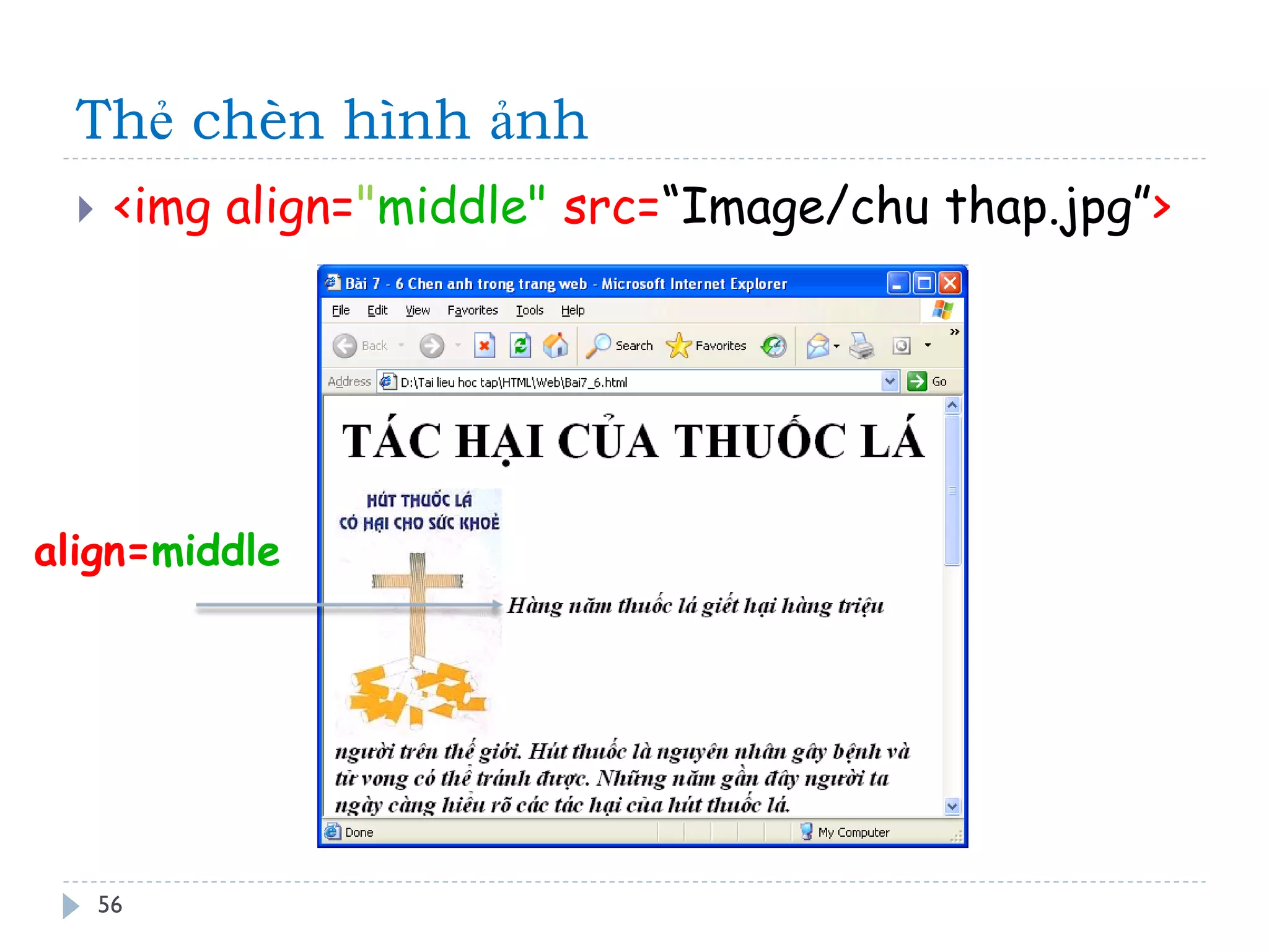 Thẻ chèn hình ảnh 
56 
<img align="middle" src=“Image/chu thap.jpg”> 
align=middle  