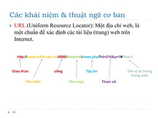 Các khái niệm & thuật ngữ cơ bản
13
 URL (Uniform Resource Locator): Một địa chỉ web, là
một chuẩn để xác định các tài liệu (trang) web trên
Internet.
http://www.huflit.edu.vn:8080/khoacntt/news.php?id=216&p=1#Phan1
Giao thức
Tên miền
cổng
Thư mục
Tập tin
Tham số
Tên vị trí trong
trang web
 