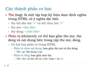 Các thành phần cơ bản
25
 Thẻ (tag): là một tập hợp ký hiệu được định nghĩa
trong HTML có ý nghĩa đặc biệt.
 thẻ bắt đầu bởi "<" và kết thúc bởi ">"
 thẻ mở: <tên thẻ>
 thẻ đóng: </tên thẻ>
 Phần tử (element): có thể bao gồm thẻ mở, thẻ
đóng và nội dung bên trong cặp thẻ mở, đóng.
 Có hai loại phần tử trong HTML
 Phần tử chứa nội dung: bao gồm thẻ mở và thẻ đóng
 VD: <p> Nội dung </p>
 Phần tử rỗng: bao gồm một thẻ
 VD: <br> có thể viết là </br> hoặc < br />
 