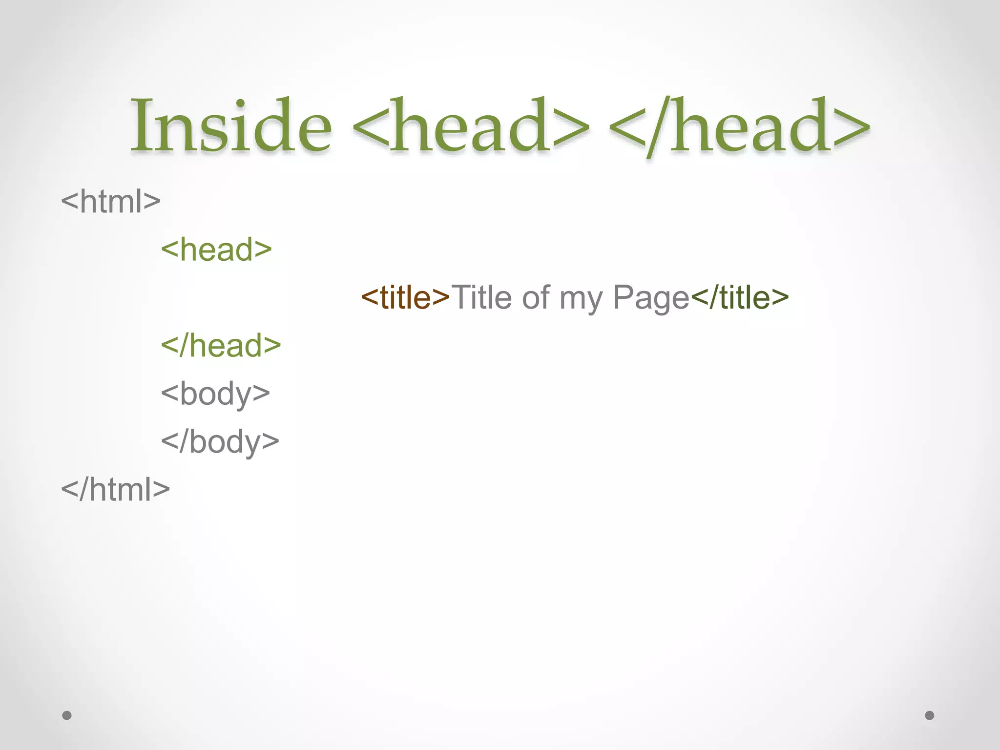 Inside <head> </head>
<html>
<head>
<title>Title of my Page</title>
</head>
<body>
</body>
</html>
 