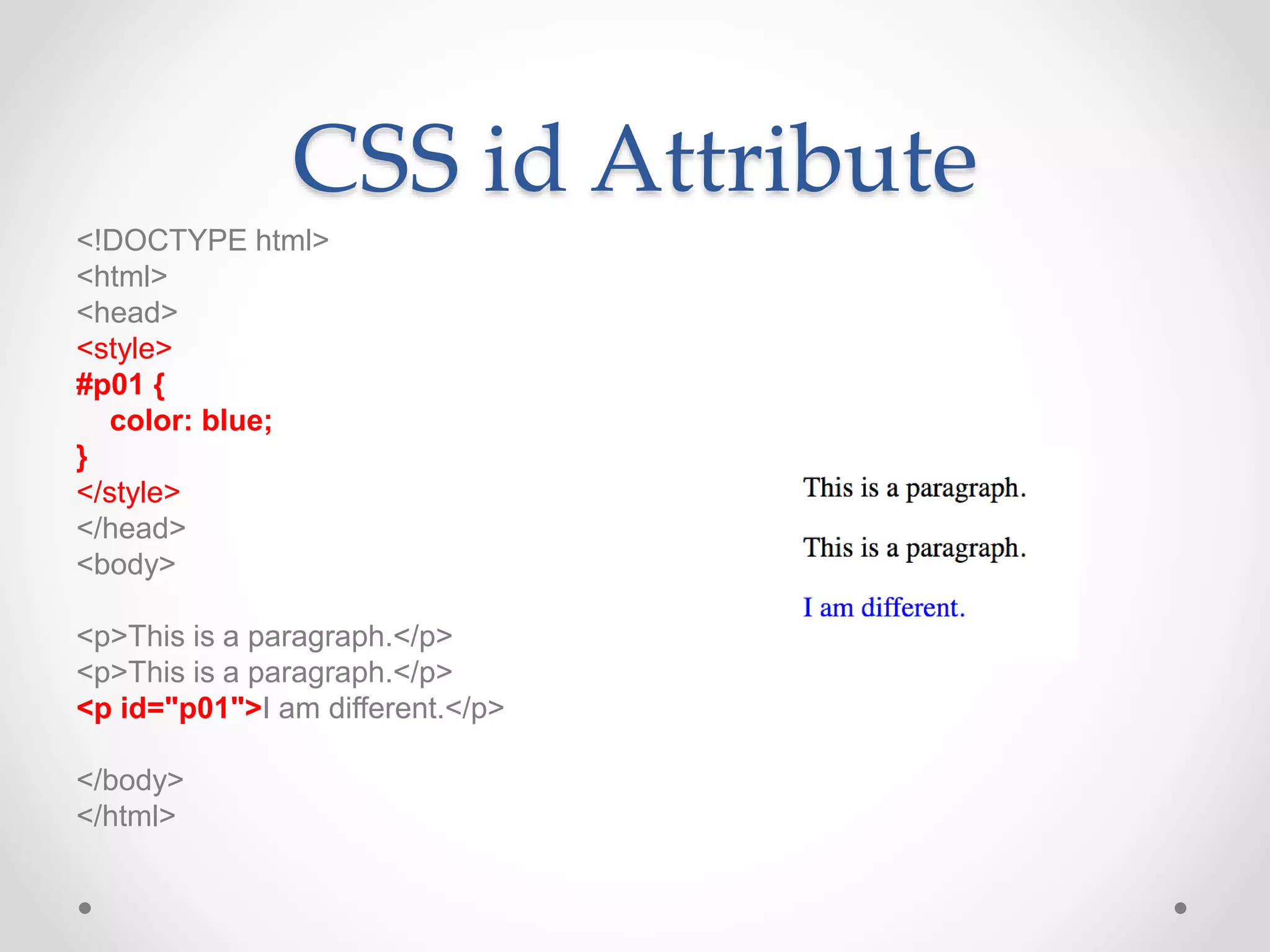 CSS id Attribute
<!DOCTYPE html>
<html>
<head>
<style>
#p01 {
color: blue;
}
</style>
</head>
<body>
<p>This is a paragraph.</p>
<p>This is a paragraph.</p>
<p id="p01">I am different.</p>
</body>
</html>
 