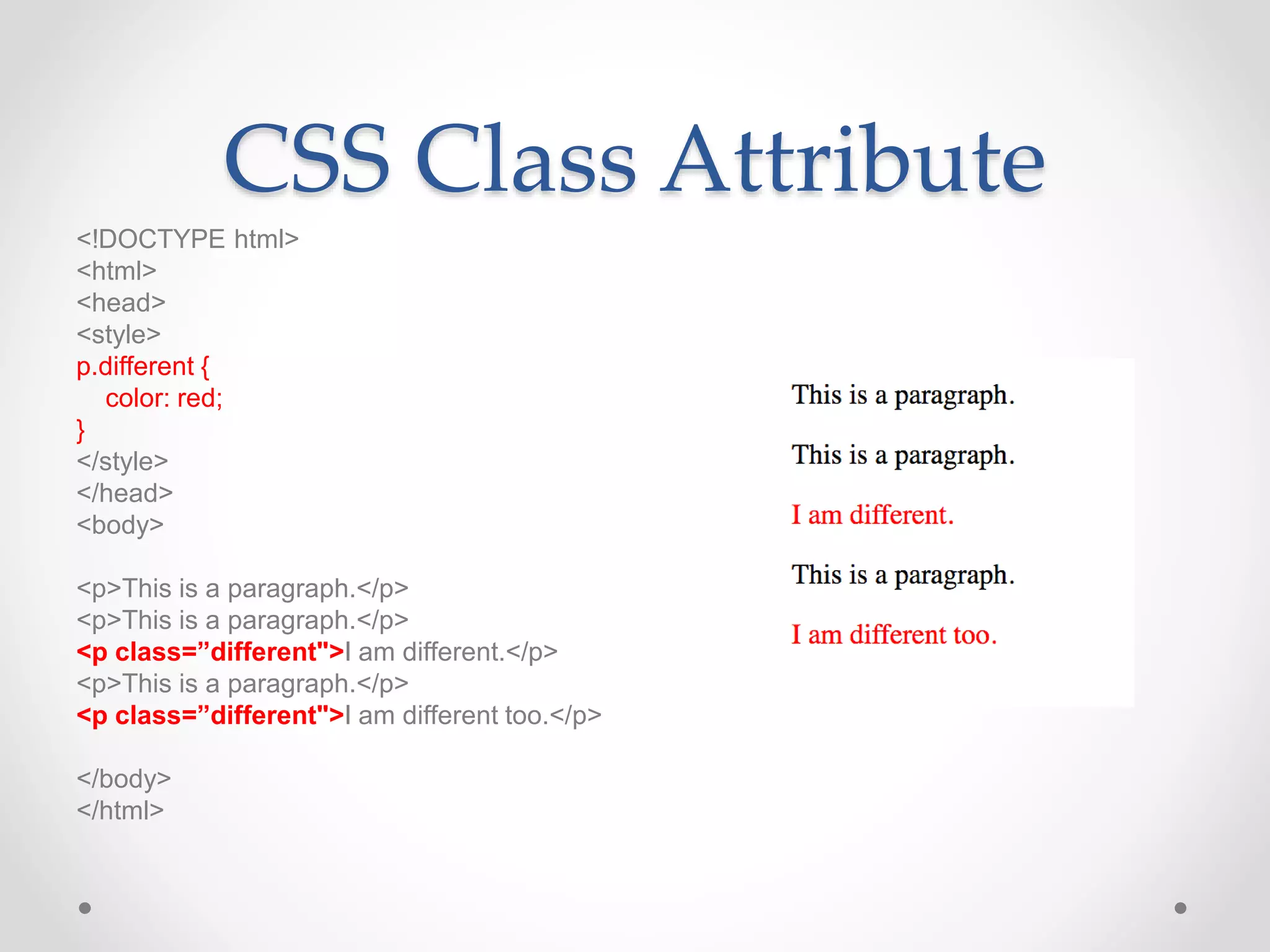 CSS Class Attribute
<!DOCTYPE html>
<html>
<head>
<style>
p.different {
color: red;
}
</style>
</head>
<body>
<p>This is a paragraph.</p>
<p>This is a paragraph.</p>
<p class=”different">I am different.</p>
<p>This is a paragraph.</p>
<p class=”different">I am different too.</p>
</body>
</html>
 