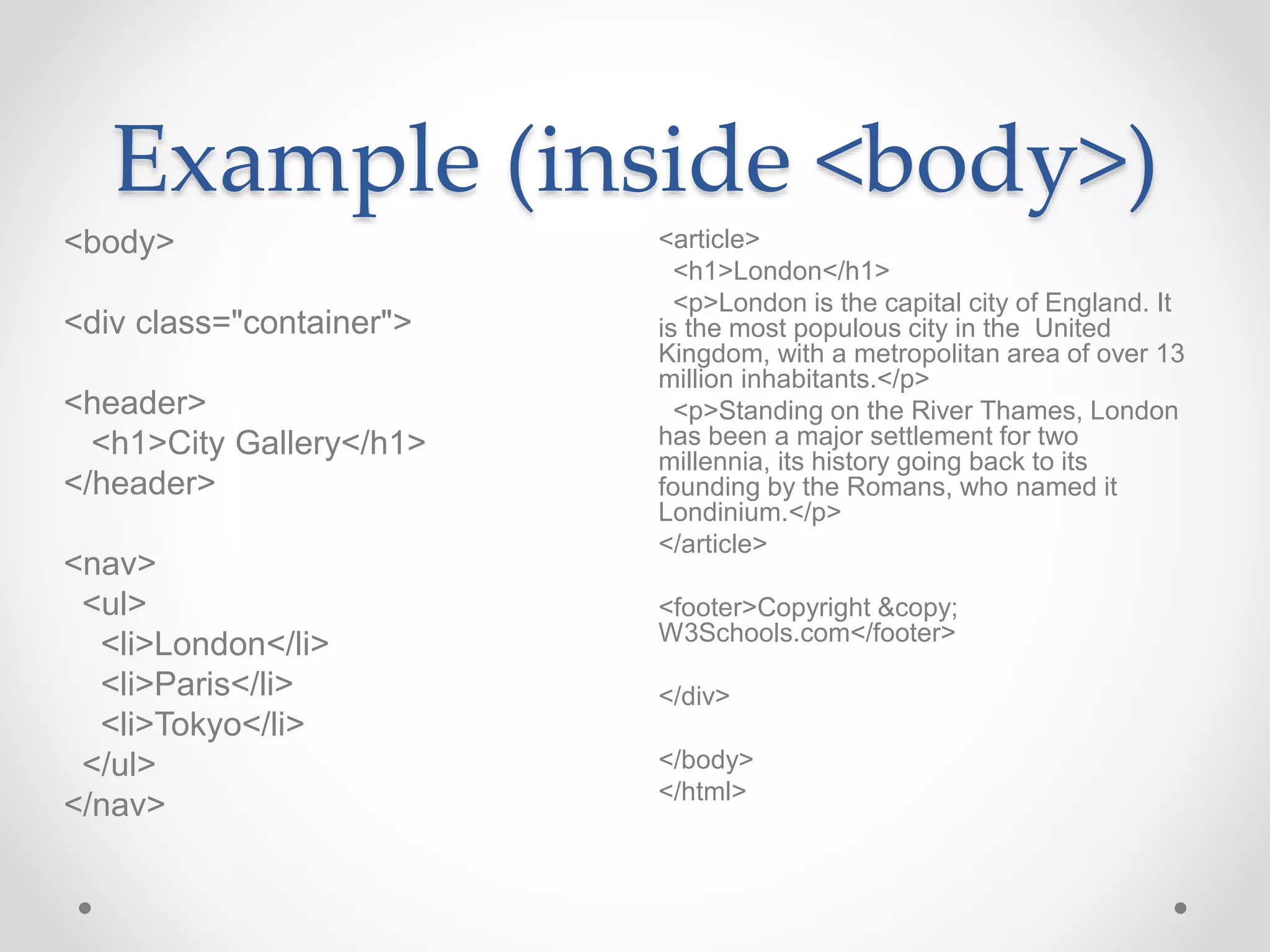 Example (inside <body>)
<article>
<h1>London</h1>
<p>London is the capital city of England. It
is the most populous city in the United
Kingdom, with a metropolitan area of over 13
million inhabitants.</p>
<p>Standing on the River Thames, London
has been a major settlement for two
millennia, its history going back to its
founding by the Romans, who named it
Londinium.</p>
</article>
<footer>Copyright &copy;
W3Schools.com</footer>
</div>
</body>
</html>
<body>
<div class="container">
<header>
<h1>City Gallery</h1>
</header>
<nav>
<ul>
<li>London</li>
<li>Paris</li>
<li>Tokyo</li>
</ul>
</nav>
 