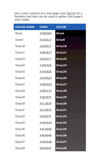 Html color codes and names | DOC
