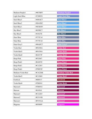 Medium Purple1      #9E7BFF   Medium Purple1
Light Steel Blue    #728FCE   Light Steel Blue
Steel Blue3         #488AC7   Steel Blue3
Steel Blue2         #56A5EC   Steel Blue2
Steel Blue1         #5CB3FF   Steel Blue1
Sky Blue3           #659EC7   Sky Blue3
Sky Blue4           #41627E   Sky Blue4
Slate Blue          #737CA1   Slate Blue
Slate Blue          #737CA1   Slate Blue
Slate Gray3         #98AFC7   Slate Gray3
Violet Red          #F6358A   Violet Red
Violet Red1         #F6358A   Violet Red1
Violet Red2         #E4317F   Violet Red2
Deep Pink           #F52887   Deep Pink
Deep Pink2          #E4287C   Deep Pink2
Deep Pink3          #C12267   Deep Pink3
Deep Pink4          #7D053F   Deep Pink4
Medium Violet Red   #CA226B   Medium Violet Red
Violet Red3         #C12869   Violet Red3
Firebrick           #800517   Firebrick
Violet Red4         #7D0541   Violet Red4
Maroon4             #7D0552   Maroon4
Maroon              #810541   Maroon
Maroon3             #C12283   Maroon3
Maroon2             #E3319D   Maroon2
Maroon1             #F535AA   Maroon1
Magenta             #FF00FF   Magenta
 