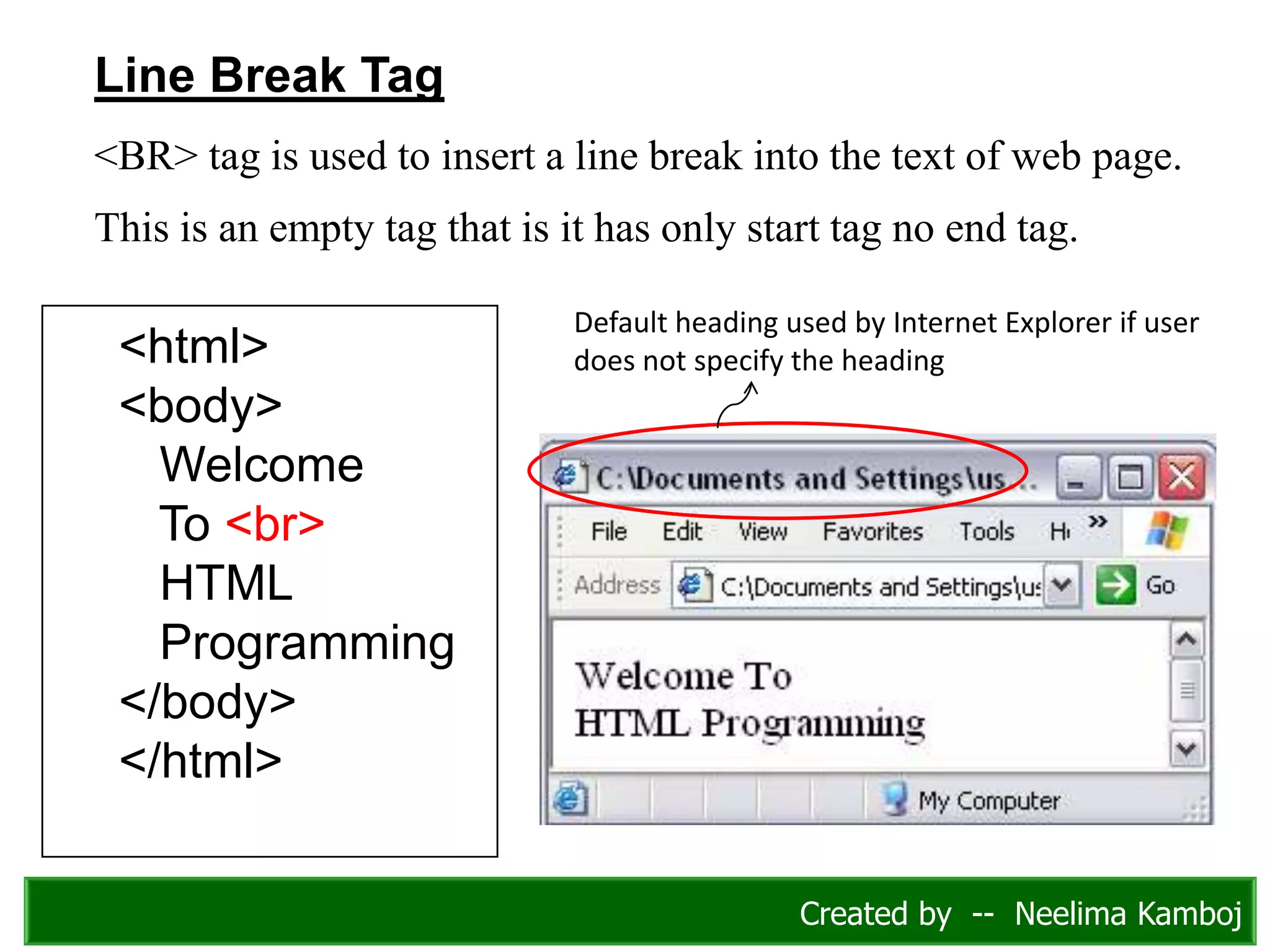 Line Break Tag
<BR> tag is used to insert a line break into the text of web page.
This is an empty tag that is it has only start tag no end tag.
<html>
<body>
Welcome
To <br>
HTML
Programming
</body>
</html>
Default heading used by Internet Explorer if user
does not specify the heading
Created by -- Neelima Kamboj
 