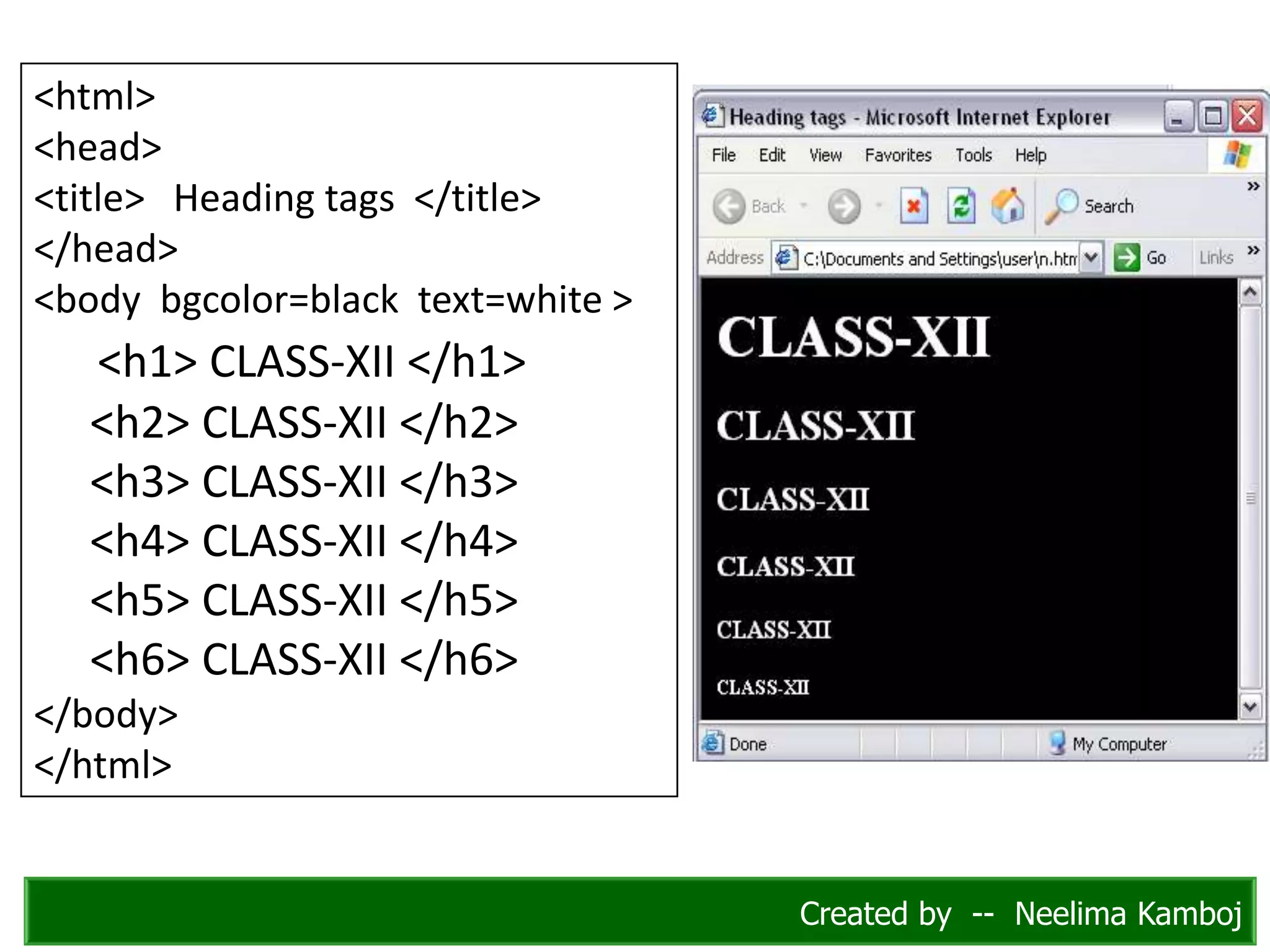 <html>
<head>
<title> Heading tags </title>
</head>
<body bgcolor=black text=white >
<h1> CLASS-XII </h1>
<h2> CLASS-XII </h2>
<h3> CLASS-XII </h3>
<h4> CLASS-XII </h4>
<h5> CLASS-XII </h5>
<h6> CLASS-XII </h6>
</body>
</html>
Created by -- Neelima Kamboj
 