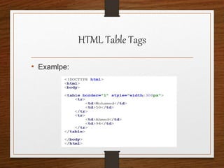 HTML Table Tags
• Examlpe:
 