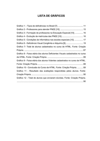 LISTA DE GRÁFICOS
Gráfico 1 – Tipos de deficiências no Brasil [7]. ............................................ 11
Gráfico 2 - Professores para atender PNEE [10]. ........................................ 15
Gráfico 3 - Formação de professores na Educação Especial [10]. .............. 16
Gráfico 4 - Evolução de matrículas das PNEE [10]...................................... 16
Gráfico 5 - Condições de Informática nas escolas especiais [10]. ............... 17
Gráfico 6 - Deficiência Visual Congênita e Adquirira [9]............................... 19
Gráfico 7- Total de alunos cadastrados no curso de HTML. Fonte: Criação
Própria. ........................................................................................................ 87
Gráfico 8 - Faixa etária dos alunos Deficientes Visuais cadastrados no curso
de HTML. Fonte: Criação Própria. ............................................................... 88
Gráfico 9 - Faixa etária dos alunos Videntes cadastrados no curso de HTML.
Fonte: Criação Própria................................................................................. 88
Gráfico 10 - Conclusão do Curso de HTML. Fonte: Criação Própria. .......... 89
Gráfico 11 - Resultado das avaliações respondidas pelos alunos. Fonte:
Criação Própria. ........................................................................................... 90
Gráfico 12 - Total de alunos que enviaram dúvidas. Fonte: Criação Própria.
..................................................................................................................... 90
 
