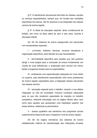 13
§ 2º. O atendimento educacional será feito em classes, escolas
ou serviços especializados, sempre que, em função das condições
específicas dos alunos, não for possível a sua integração nas classes
comuns de ensino regular.
§ 3º. A oferta de educação especial, dever constitucional do
Estado, tem início na faixa etária de zero a seis anos, durante a
educação infantil.
Art. 59. Os sistemas de ensino assegurarão aos educandos
com necessidades especiais:
I - currículos, métodos, técnicas, recursos educativos e
organização específicos, para atender às suas necessidades;
II - terminalidade específica para aqueles que não puderem
atingir o nível exigido para a conclusão do ensino fundamental, em
virtude de suas deficiências, e aceleração para concluir em menor
tempo o programa escolar para os superdotados;
III - professores com especialização adequada em nível médio
ou superior, para atendimento especializado, bem como professores
do ensino regular capacitados para a integração desses educandos
nas classes comuns;
IV - educação especial para o trabalho, visando a sua efetiva
integração na vida em sociedade, inclusive condições adequadas
para os que não revelarem capacidade de inserção no trabalho
competitivo, mediante articulação com os órgãos oficiais afins, bem
como para aqueles que apresentam uma habilidade superior nas
áreas artística, intelectual ou psicomotora;
V - acesso igualitário aos benefícios dos programas sociais
suplementares disponíveis para o respectivo nível do ensino regular.
Art. 60. Os órgãos normativos dos sistemas de ensino
estabelecerão critérios de caracterização das instituições privadas
 