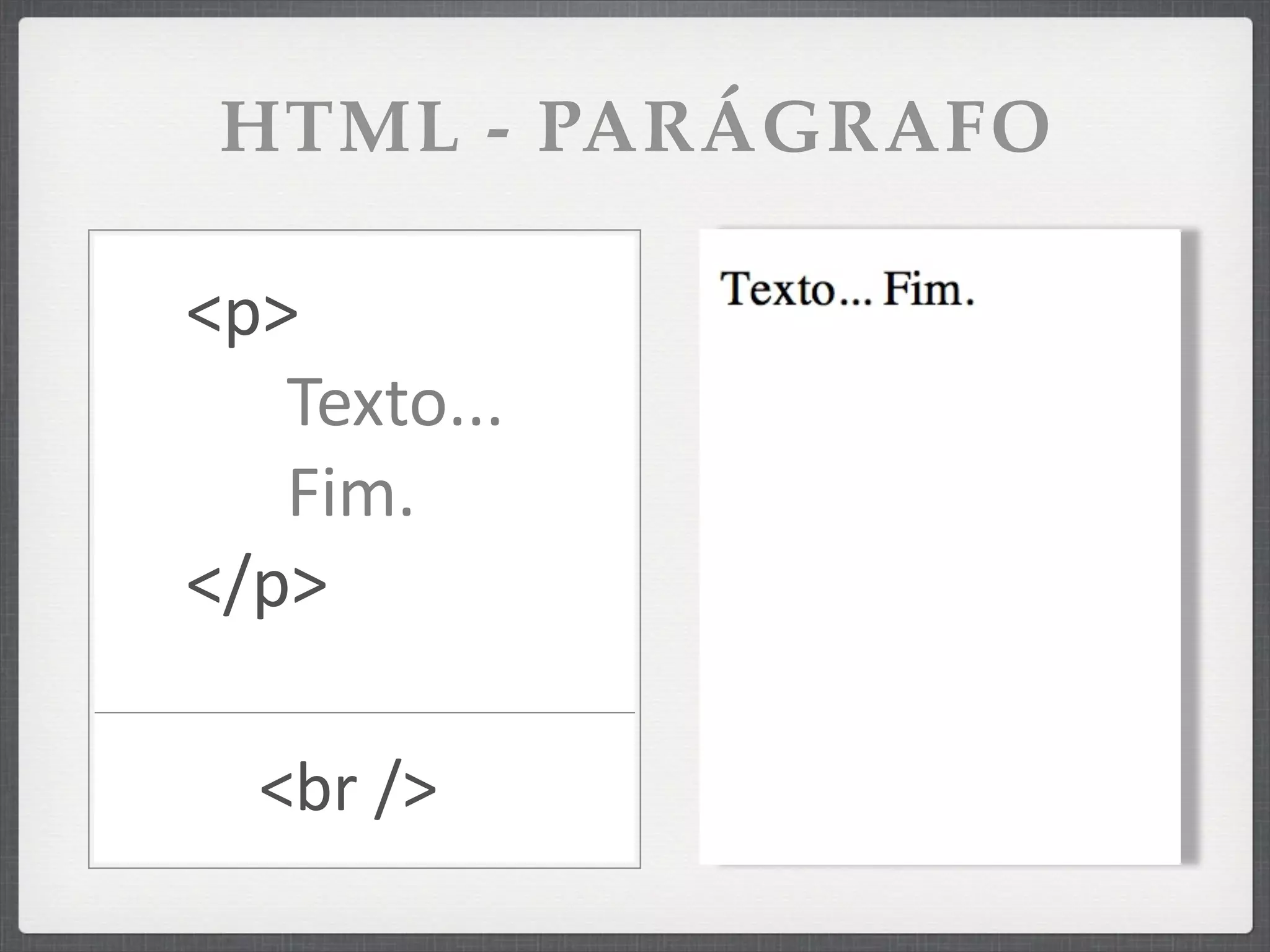 HTML - PARÁGRAFO

<p>
   Texto...
   Fim.
</p>

  <br	
  />
 