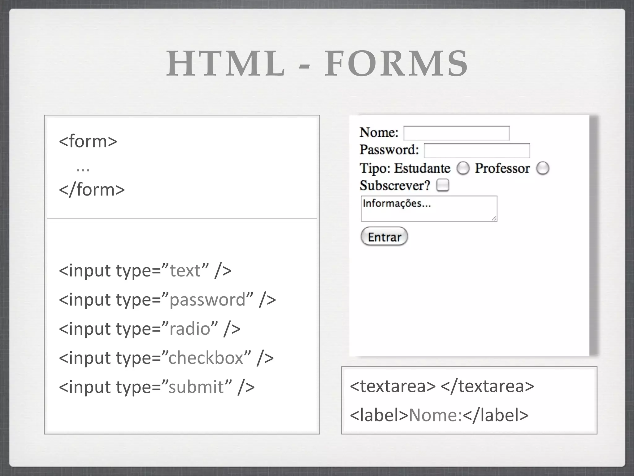 HTML - FORMS
<form>
  ...
</form>



<input	
  type=”text”	
  />
<input	
  type=”password”	
  />
<input	
  type=”radio”	
  />
<input	
  type=”checkbox”	
  />
<input	
  type=”submit”	
  />     <textarea>	
  </textarea>
                                  <label>Nome:</label>
 