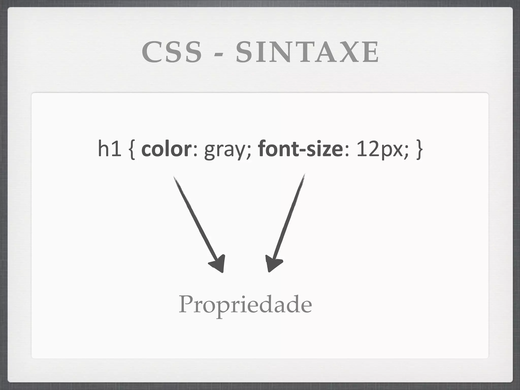 CSS - SINTAXE


h1	
  {	
  color:	
  gray;	
  font-­‐size:	
  12px;	
  }




             Propriedade
 